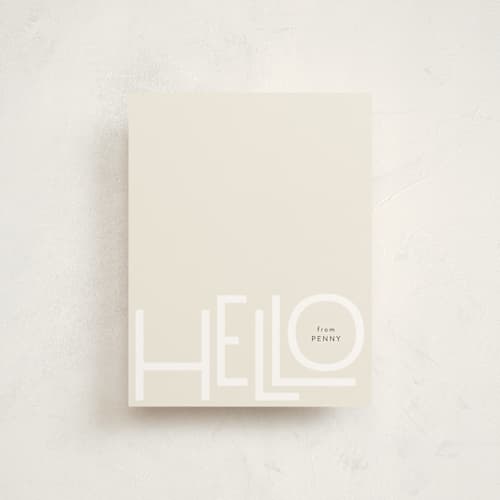 This is a champagne personalized stationery thank you cards with standard by Up Up Creative called hello printing on signature in 4.25x5.5