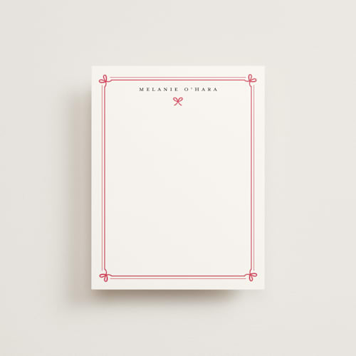 This is a red ribbon personalized stationery thank you cards with standard by Alston Foster called bow border printing on signature in 4.25x5.5