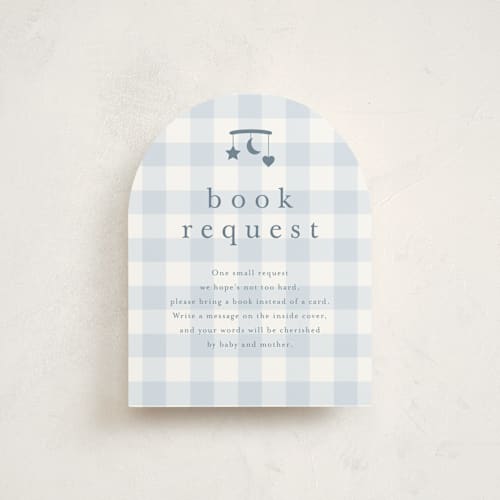 This is a baby blue baby shower insert cards with standard by Stacey Meacham called gingham mobile printing on signature in standard