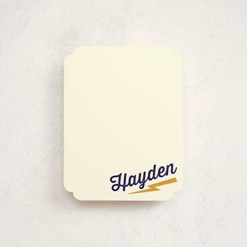 This is a navy kids thank you cards notes with standard by Rebecca Bowen called zeus printing on signature in standard