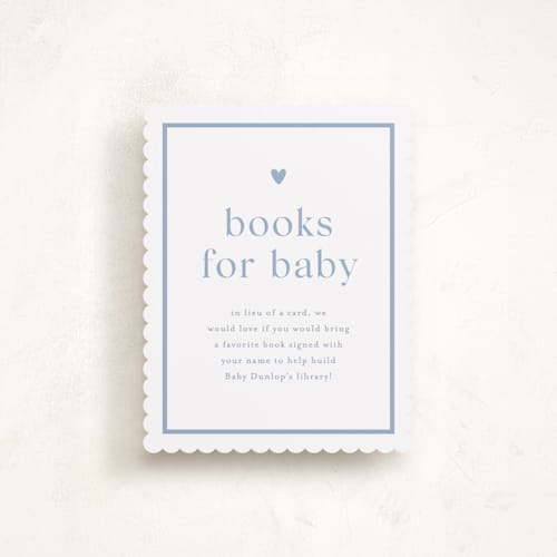 This is a provincial blue baby shower insert cards with standard by Stacey Meacham called heartbeat printing on signature in standard