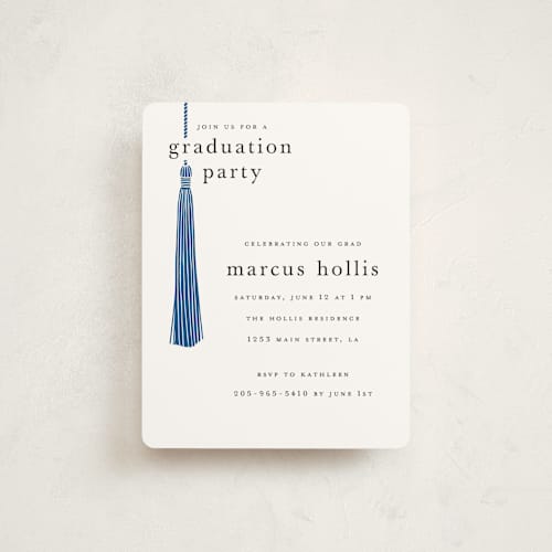 This is a cobalt graduation insert cards with standard by Ashlee Townsend called tassled printing on signature in standard