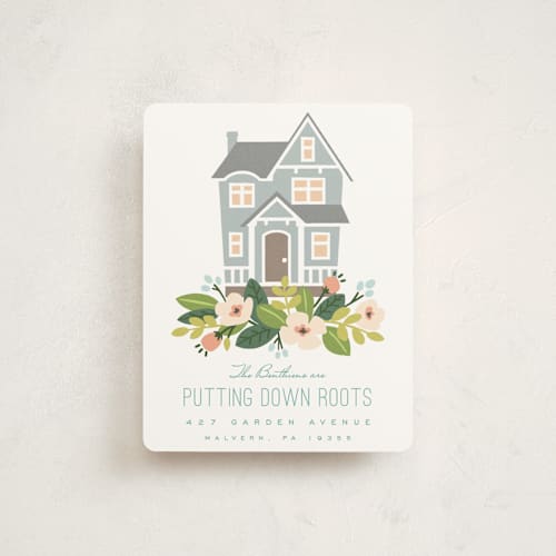 This is a country blue moving announcements with standard by Honeybunch Studio called garden printing on signature in standard