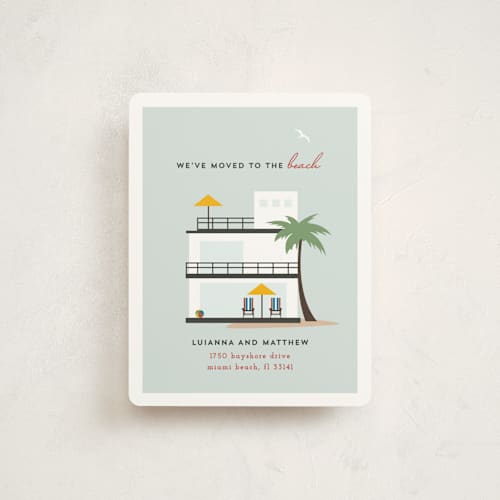 This is a sangria moving announcements with standard by Jennifer Postorino called life's a beach printing on signature in standard