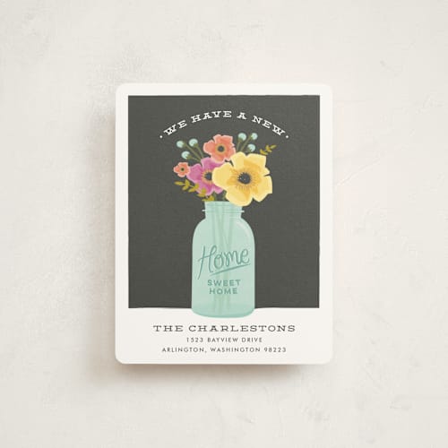 This is a charcoal moving announcements with standard by Karidy Walker called mason jar bouquet printing on signature in standard