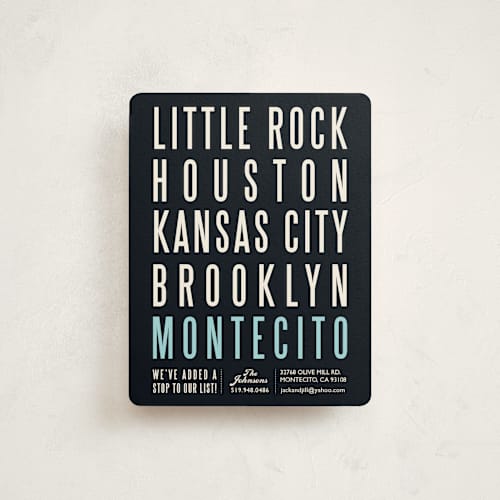 This is a powder blue moving announcements with standard by Christie Kelly called city addition printing on signature in standard