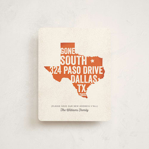 This is a burnt orange moving announcements with standard by Lisa Cersovsky called gone south printing on signature in standard