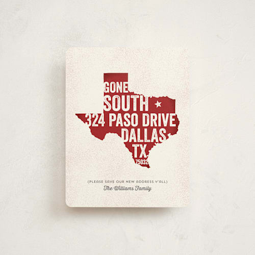 This is a texas red moving announcements with standard by Lisa Cersovsky called gone south printing on signature in standard