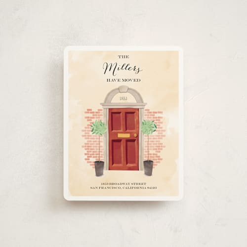 This is a sweet apricot moving announcements with standard by Simon called welcoming door printing on signature in standard