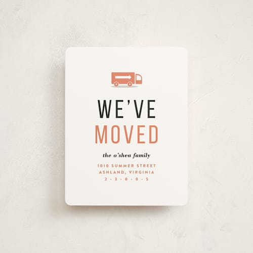 This is a coral moving announcements with standard by Carly Reed Walker called modern move printing on signature in standard