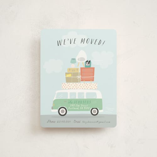 This is a mint moving announcements by Itsy Belle Studio called moving van printing on signature in standard