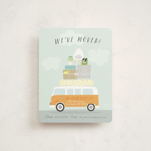 This is a tangerine moving announcements with standard by Itsy Belle Studio called moving van printing on signature in standard
