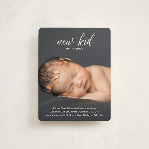 This is a cotton moving announcements with standard by Carol Fazio called new kid on the block printing on signature in standard