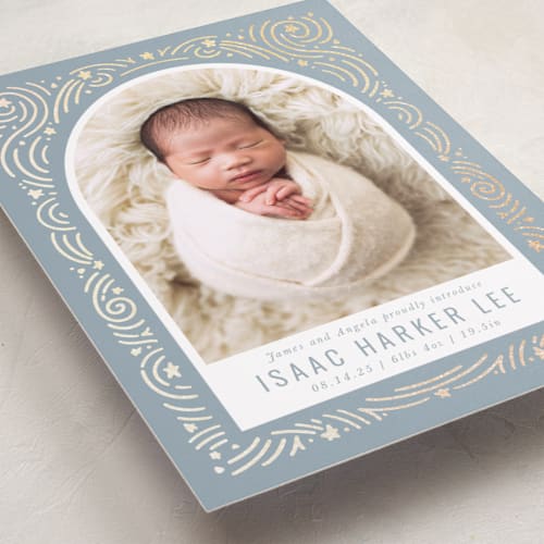 This is a slateblue foil stamped birth announcements with foil pressed by Meggy Masters called star bright printing on smooth signature in standard