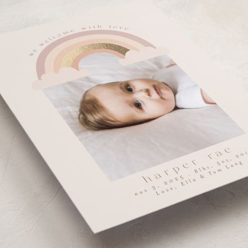 This is a blush foil stamped birth announcements with foil pressed by Angela Thompson called rainbow sky printing on smooth signature in standard