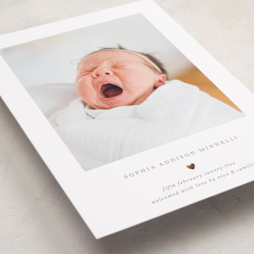 This is a charcoal foil stamped birth announcements with foil pressed by Blustery August called heart printing on smooth signature in standard