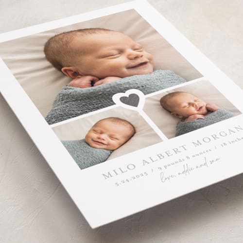 This is a sage foil stamped birth announcements with foil pressed by Jen Tips called our little sweetheart printing on recycled smooth signature in standard