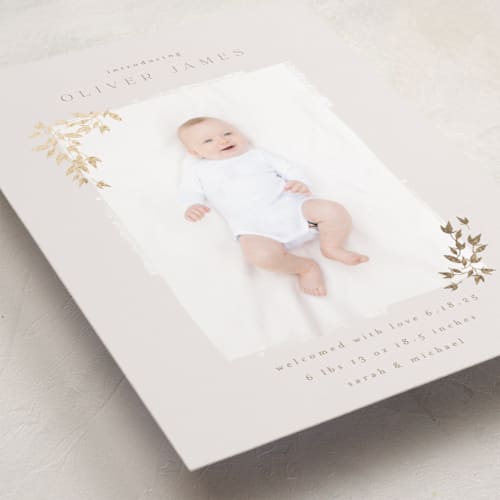 This is a latte foil stamped birth announcements with foil pressed by Kristie Kern called tiny sprigs printing on smooth signature in standard