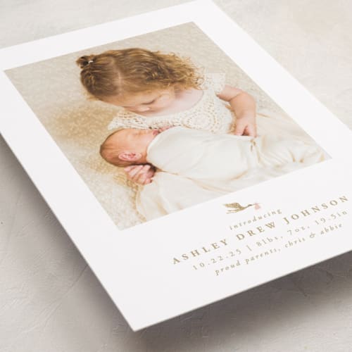 This is a blush foil stamped birth announcements with foil pressed by Carolyn Nicks called new delivery printing on smooth signature in standard