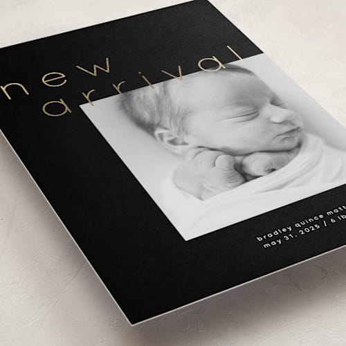 This is a noir foil stamped birth announcements with foil pressed by Lori Wemple called arrival printing on smooth signature in standard