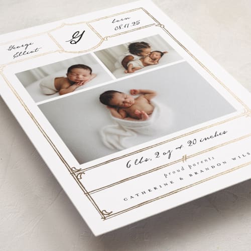 This is a pearl foil stamped birth announcements with foil pressed by Corinne Malesic called antique printing on smooth signature in standard