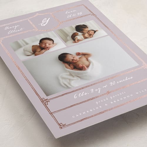This is a mauve foil stamped birth announcements with foil pressed by Corinne Malesic called antique printing on smooth signature in standard