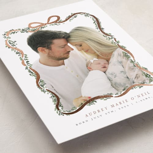 This is a brick foil stamped birth announcements with foil pressed by Itsy Belle Studio called ribbonly frame printing on recycled smooth signature in standard