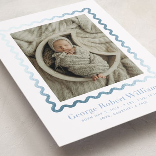 This is a bluebell foil stamped birth announcements with foil pressed by Megan Davis called ric rac printing on smooth signature in standard