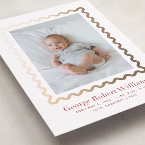 This is a cinnabar foil stamped birth announcements with foil pressed by Megan Davis called ric rac printing on recycled smooth signature in standard
