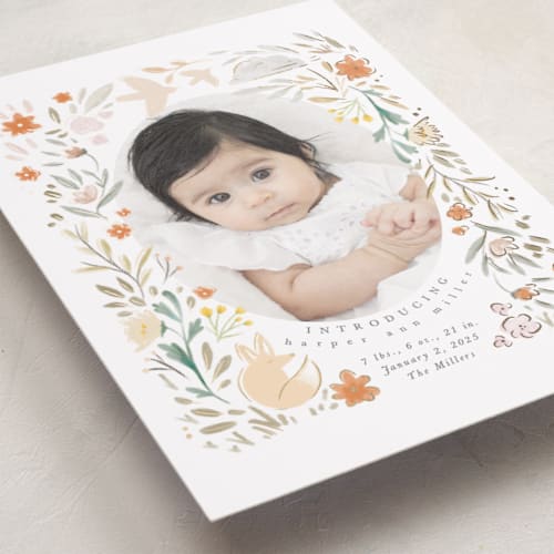 This is a peach foil stamped birth announcements with foil pressed by Hannah Williams called garden fox printing on smooth signature in standard