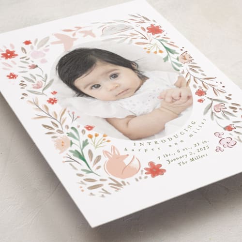 This is a poppy foil stamped birth announcements with foil pressed by Hannah Williams called garden fox printing on recycled smooth signature in standard
