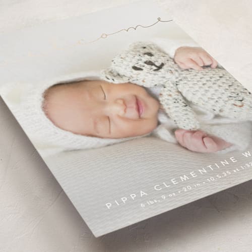 This is a cloud foil stamped birth announcements with foil pressed by Olivia Raufman called delicate welcome printing on smooth signature in standard