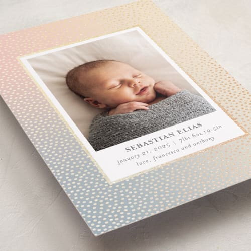 This is a sunrise foil stamped birth announcements with foil pressed by Townsend Majors called mini confetti printing on smooth signature in standard