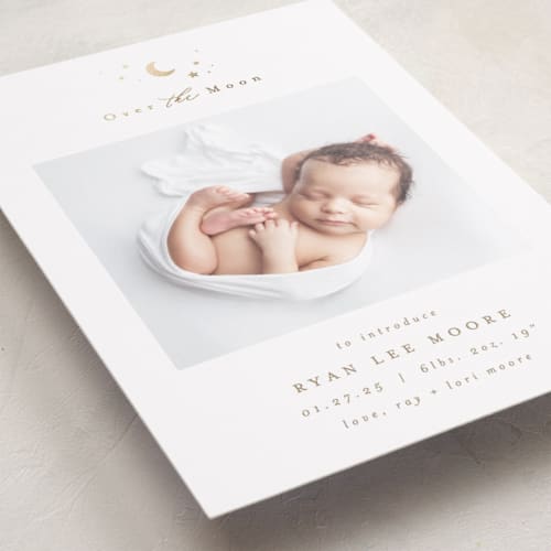 This is a fawn foil stamped birth announcements with foil pressed by AK Graphics called over the moon printing on smooth signature in standard