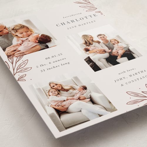 This is a rose foil stamped birth announcements with foil pressed by Oma N. Ramkhelawan called modern botanica printing on smooth signature in standard