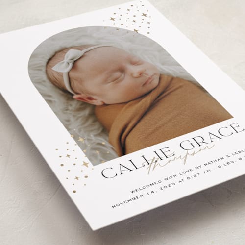 This is a cloud foil stamped birth announcements with foil pressed by Molly Wiggins called starlit sky printing on smooth signature in standard