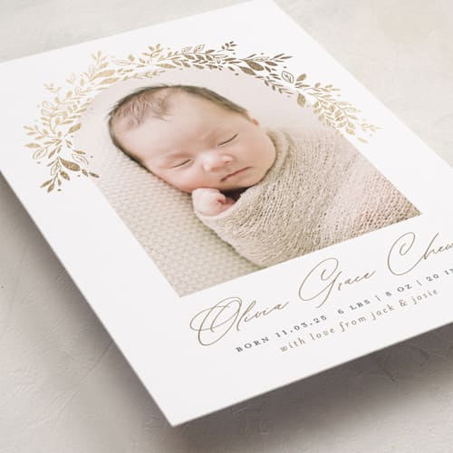 This is a fawn foil stamped birth announcements with foil pressed by Susan Zinader called floral arch printing on smooth signature in standard