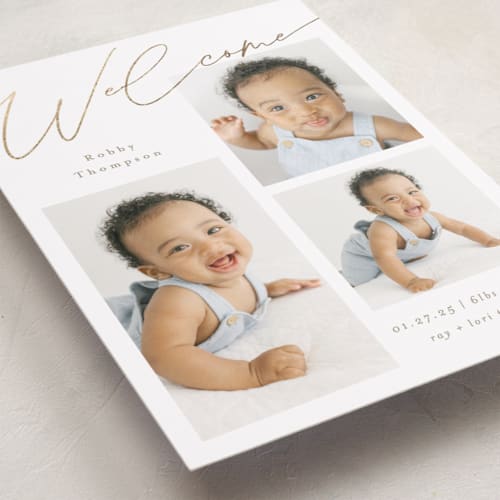 This is a snow foil stamped birth announcements with foil pressed by AK Graphics called galleryish printing on smooth signature in standard
