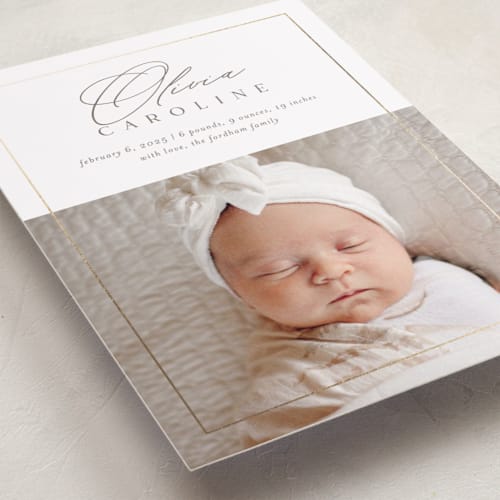 This is a sugar foil stamped birth announcements with foil pressed by Jessica Williams called glimmer printing on smooth signature in standard
