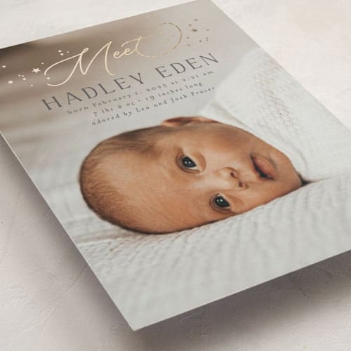 This is a midnight foil stamped birth announcements with foil pressed by Everett Paper Goods called lunaria printing on smooth signature in standard