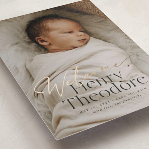 This is a midnight foil stamped birth announcements with foil pressed by Jackie Crawford called scripted welcome printing on smooth signature in standard