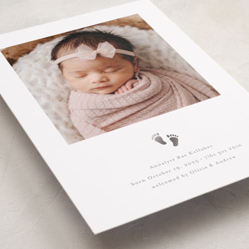 This is a stone foil stamped birth announcements with foil pressed by Melanie Kosuge called sweetness printing on recycled smooth signature in standard