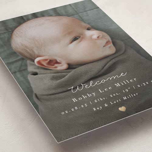 This is a snow foil stamped birth announcements with foil pressed by AK Graphics called tiny heart printing on smooth signature in standard