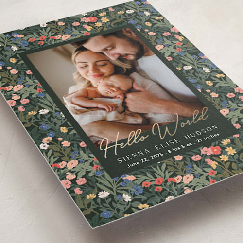 This is a forest foil stamped birth announcements with foil pressed by Elly called wildflowers printing on smooth signature in standard