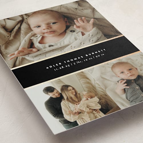 This is a pepper foil stamped birth announcements with foil pressed by Ekko Studio called trio printing on smooth signature in standard