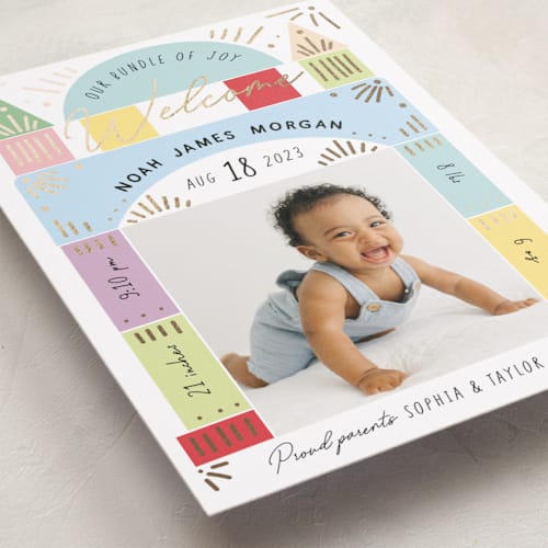 This is a pastel foil stamped birth announcements with foil pressed by Elly called toy blocks printing on smooth signature in standard