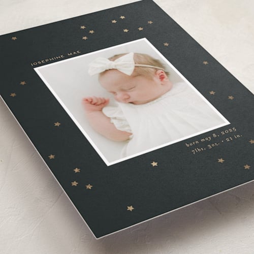 This is a midnight foil stamped birth announcements with foil pressed by Ellen Schlegelmilch called twinkly stars printing on recycled smooth signature in standard