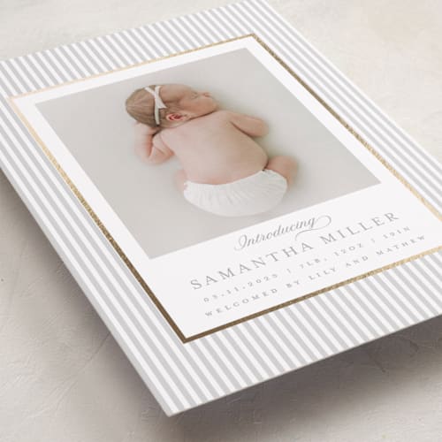 This is a cloud foil stamped birth announcements with foil pressed by Teju Reval called minimal stripes printing on smooth signature in standard