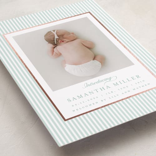 This is a seafoam foil stamped birth announcements with foil pressed by Teju Reval called minimal stripes printing on recycled smooth signature in standard