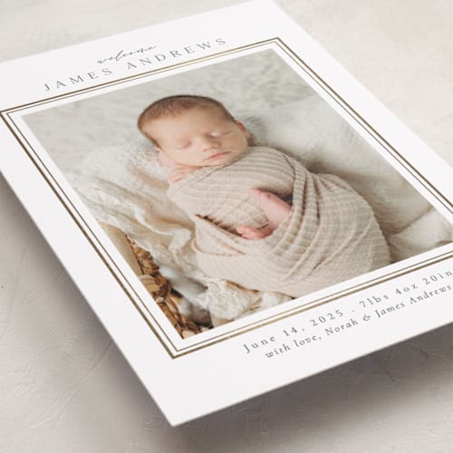 This is a cloud foil stamped birth announcements with foil pressed by Nicole Walsh called classic border printing on smooth signature in standard